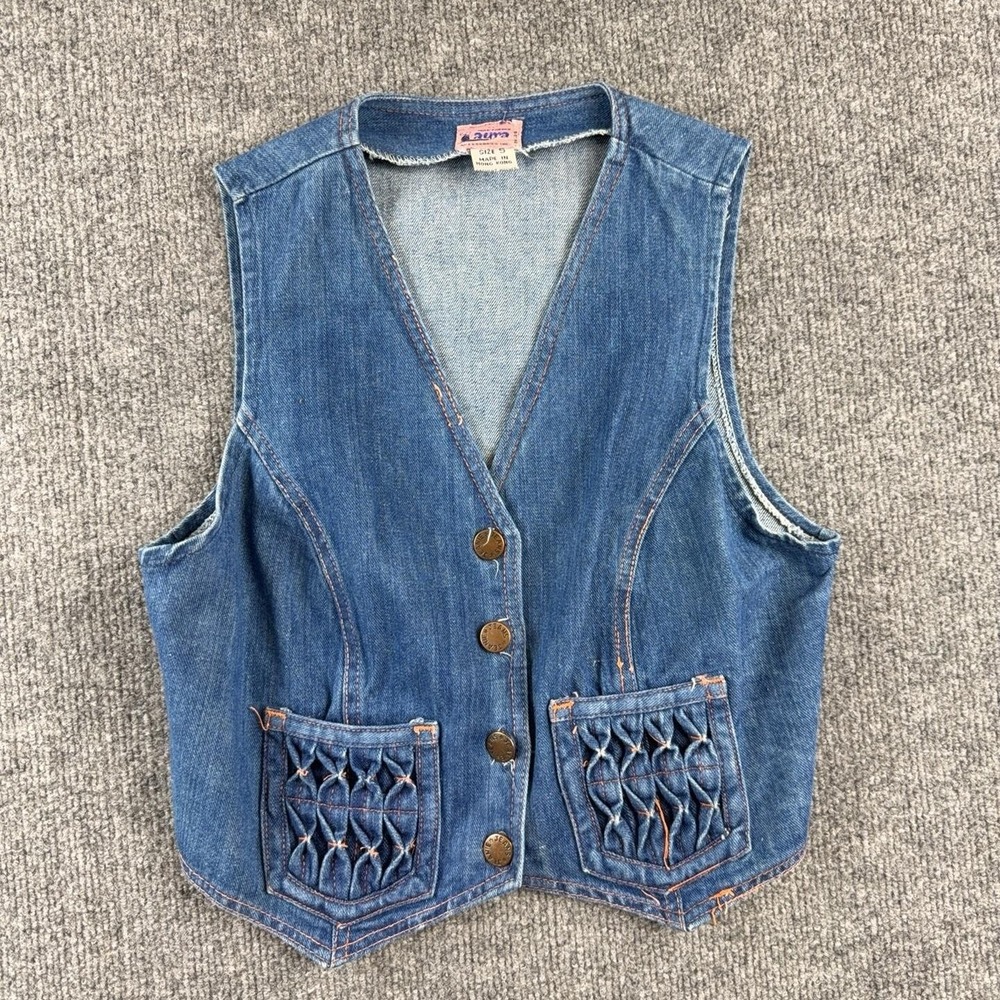 Vintage Laura Vest Womens Small Blue Denim Button Front Smocked Pockets Western